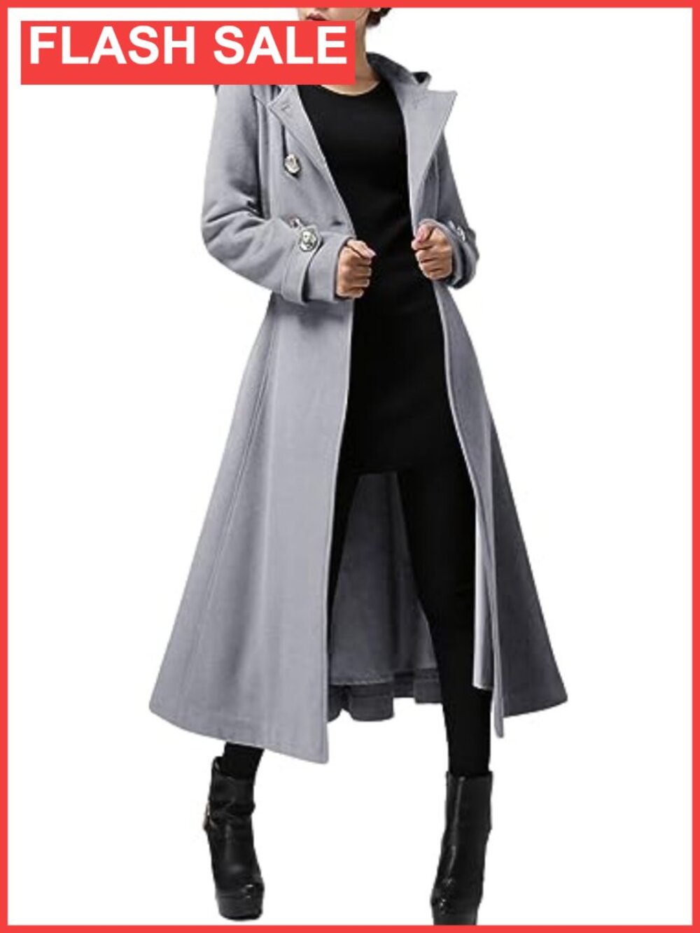 Long Double-Breasted Hooded Wool Blend Trench Coat Winter Windproof